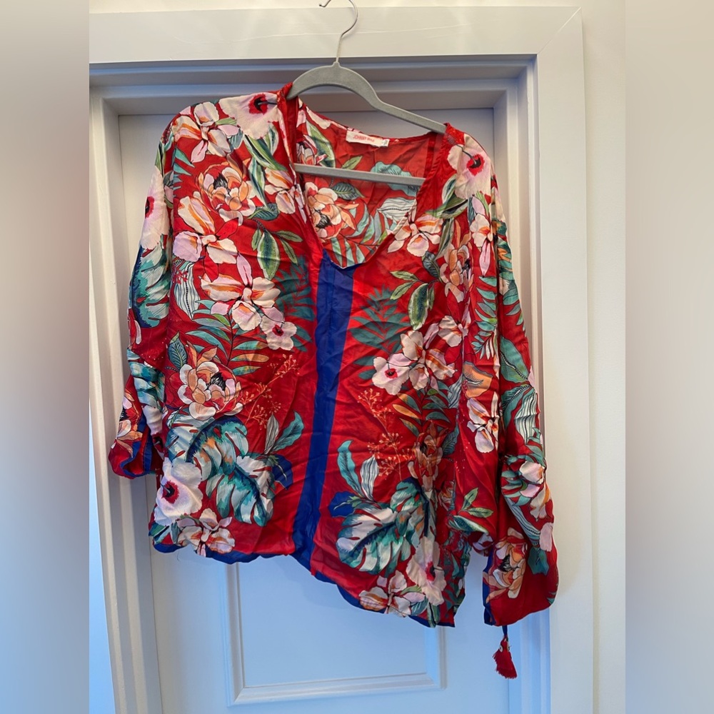 Johnny Was red silk top.  Size L